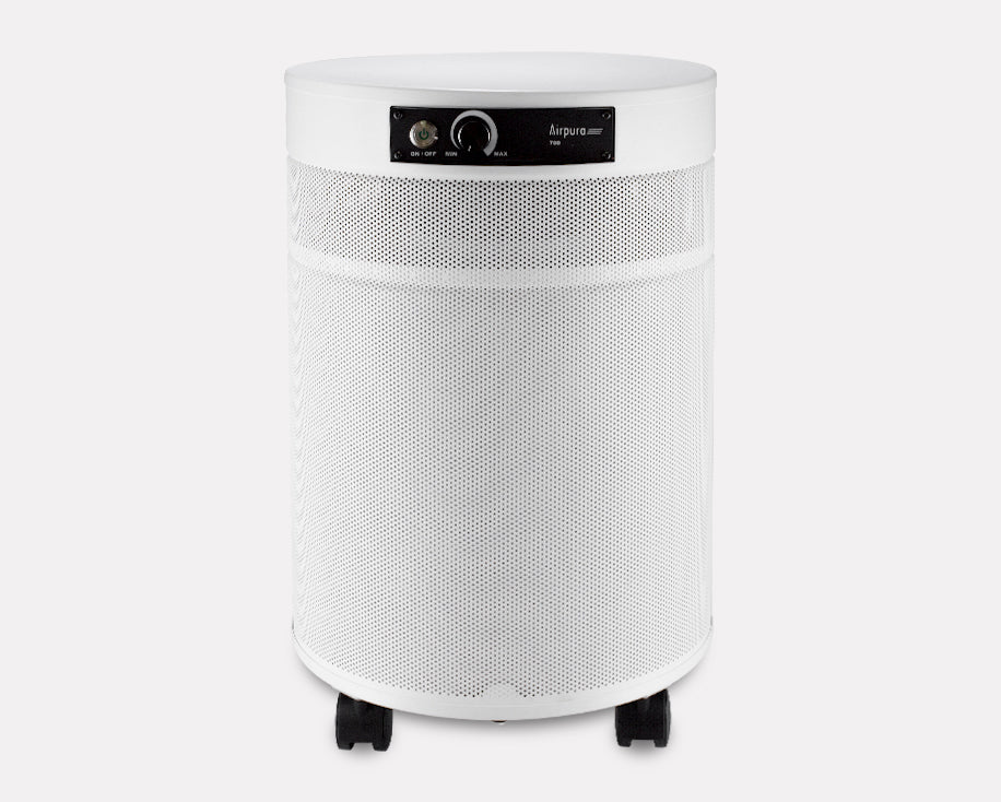 Airpura G700 DLX Air Purifier, Odor-Free Carbon, MCS, 26 lb Carbon, White, front view on grey studio background