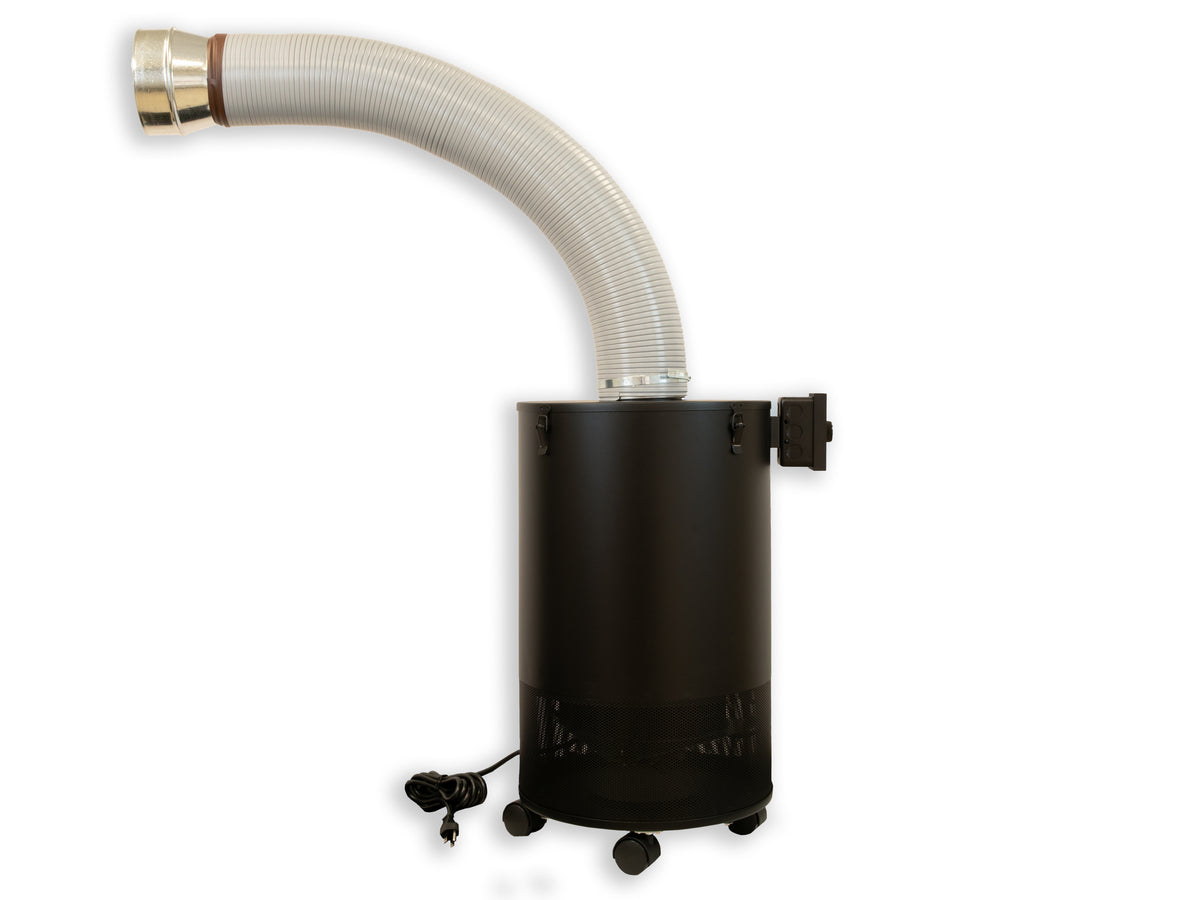 Airpura 900 Fume Extractor, Workshop and Laser Fumes, 20 lb Carbon, side view with extraction arm fitted