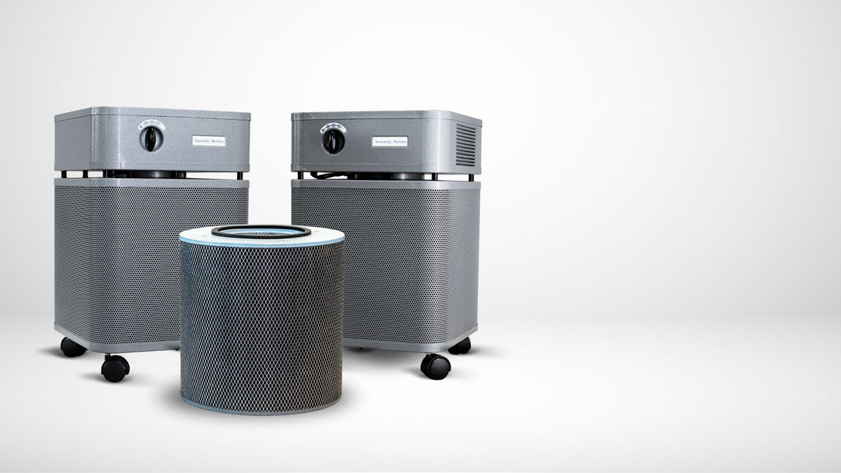 Austin Air Immunity Machine Air Purifier, VOCs and Formaldehyde, lifestyle photo, with its filter, left