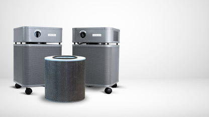 Austin Air Immunity Machine Air Purifier, VOCs and Formaldehyde, lifestyle photo, with its filter, left