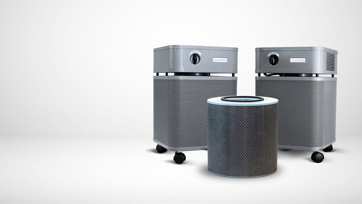 Austin Air Immunity Machine Air Purifier, VOCs and Formaldehyde, lifestyle photo, with its filter, right