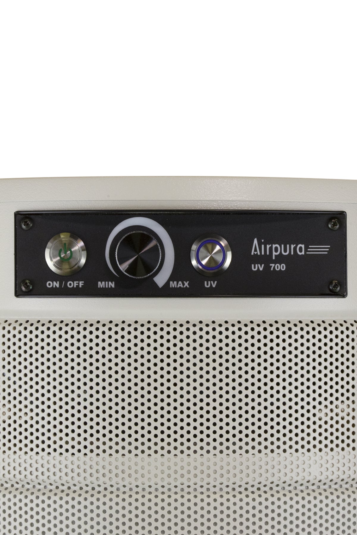 Airpura UV700 Air Purifier, Mold and Musty Air, UVC Lamp, 18 lb Carbon, Cream, control panel close up