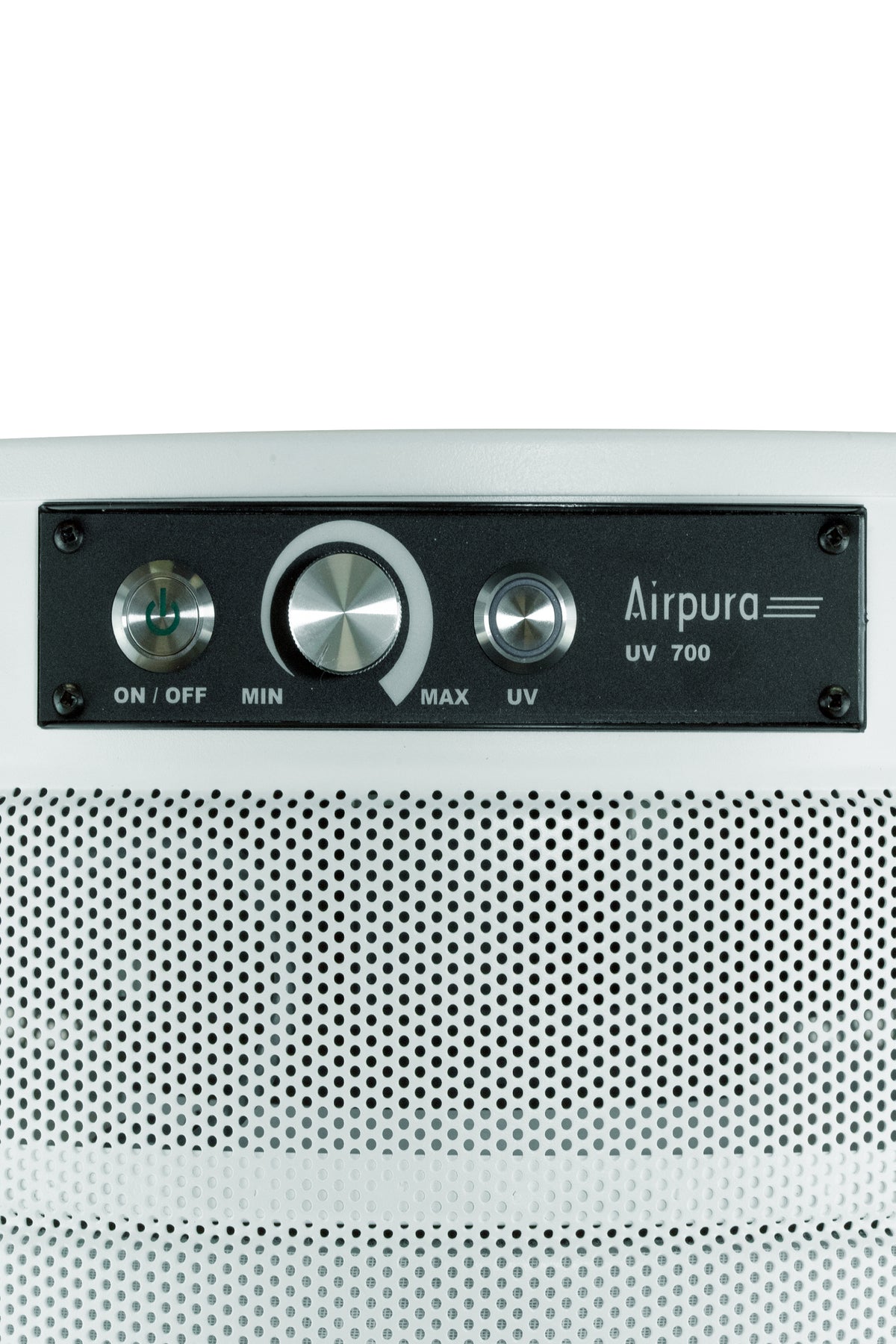 Airpura UV700 Air Purifier, Mold and Musty Air, UVC Lamp, 18 lb Carbon, White, control panel close up