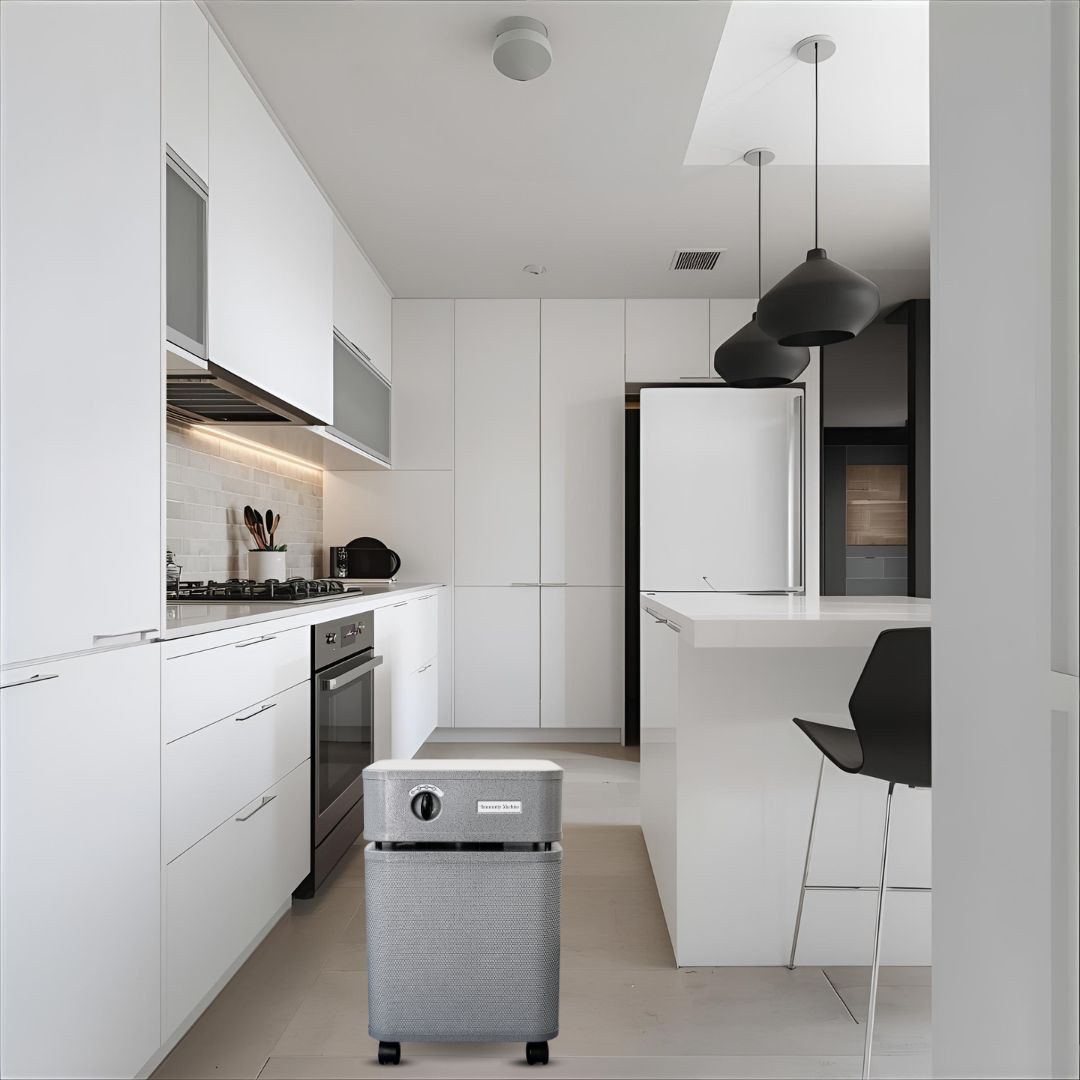 Austin Air Immunity Machine Air Purifier, VOCs and Formaldehyde, lifestyle photo, white kitchen