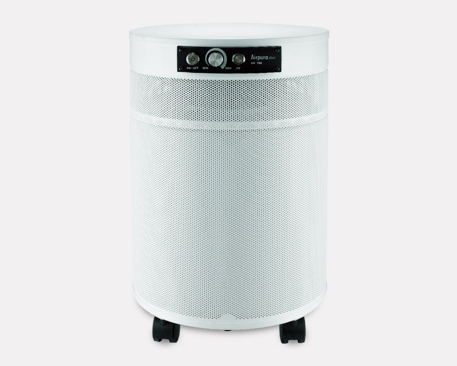Airpura UV700 Air Purifier, Mold and Musty Air, UVC Lamp, 18 lb Carbon, White, front view on grey studio background